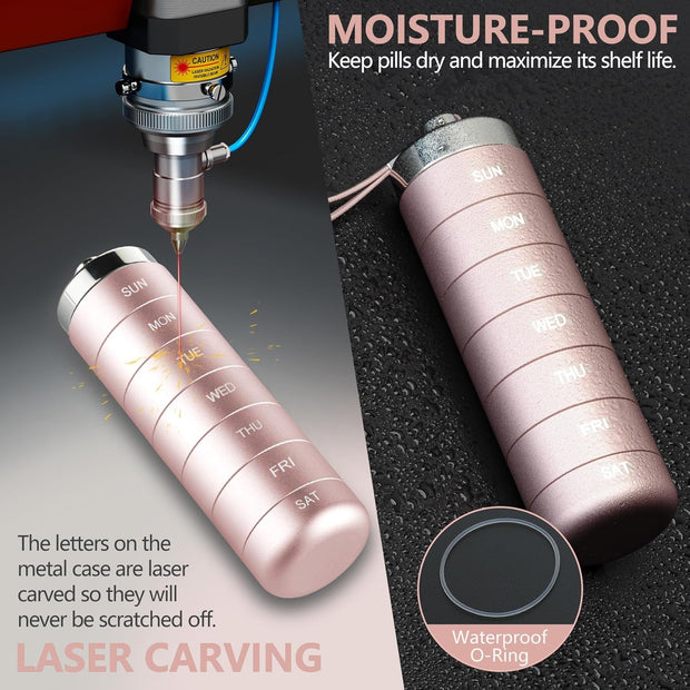 Metal Travel Pill Organizer, Portable 7 Day Vitamin Organizer Stackable, Waterproof 1 Times A Day Pill Box, Large Pill Container, Daily Medicine Organizer for Vitamin, Fish Oil, Supplement