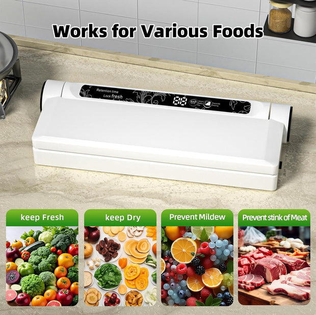 Food Storage Vacuum Sealer Machine, 75KPA Strong Suction, Dry/Wet Modes, 20 Vacuum Seal Bags for Food, Digital Countdown Timer, Compact Lightweight, Ideal for Home Kitchen Use