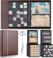 Lewtemi Stamp Collecting Albums Set Stamp Collection Book Include 20 Pages Album Binder Tweezer and Loop Magnifier Collecting Supplies for Collectors(Black)