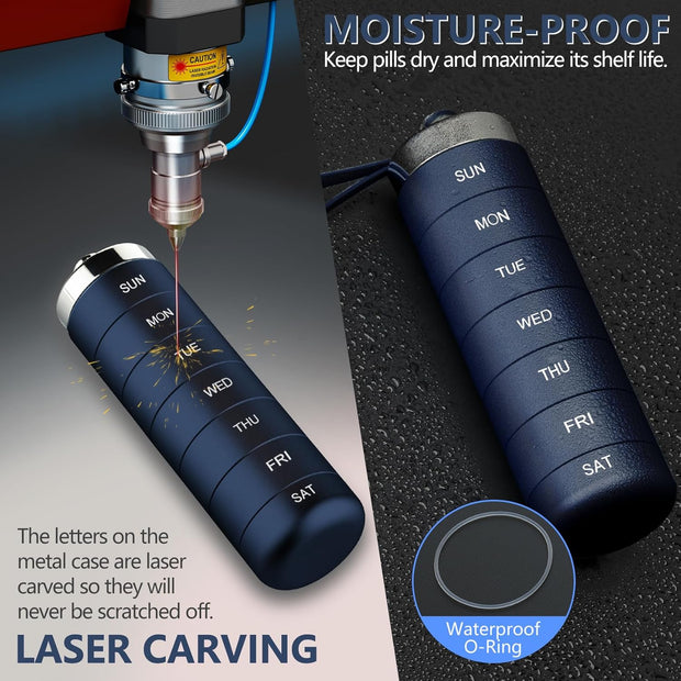 Metal Travel Pill Organizer, Portable 7 Day Vitamin Organizer Stackable, Waterproof 1 Times A Day Pill Box, Large Pill Container, Daily Medicine Organizer for Vitamin, Fish Oil, Supplement