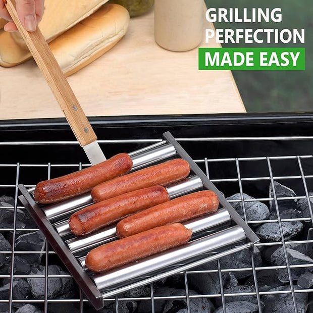 Stainless Steel Hot Dog Sausage Roller | BBQ Grill with Extra-Long Wooden Handle | Evenly Grills 5 Hot Dogs