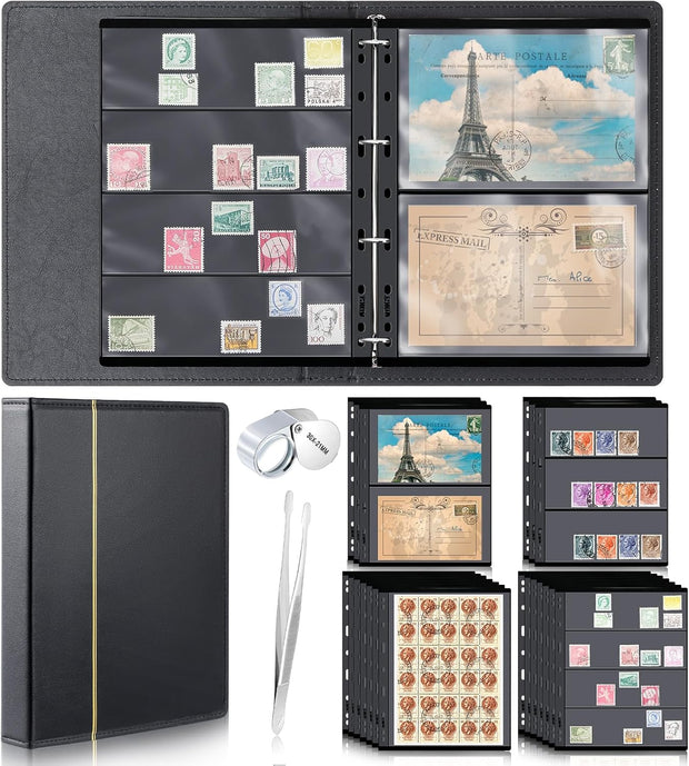 Lewtemi Stamp Collecting Albums Set Stamp Collection Book Include 20 Pages Album Binder Tweezer and Loop Magnifier Collecting Supplies for Collectors(Black)