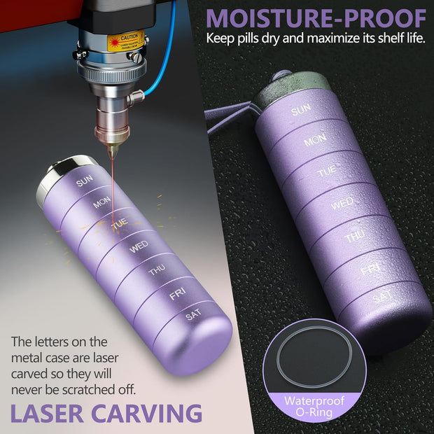 Metal Travel Pill Organizer, Portable 7 Day Vitamin Organizer Stackable, Waterproof 1 Times A Day Pill Box, Large Pill Container, Daily Medicine Organizer for Vitamin, Fish Oil, Supplement