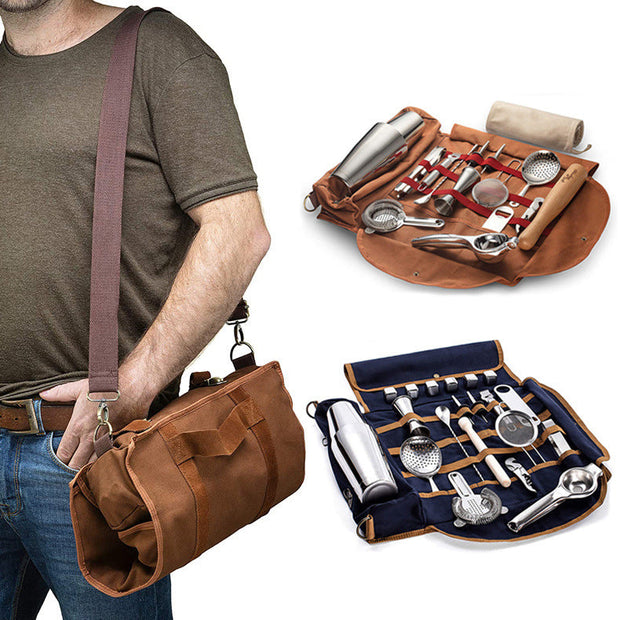 Bartender Travel Bag – Portable Canvas Barware Storage Roll Bag with Shoulder Strap
